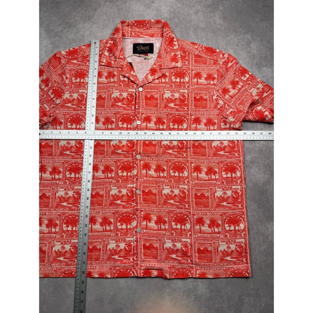 NWT Deus Ex Machina Men M Mail-Man Shirt Red Stamp Palm Print Cotton Button Up - Picture 5 of 14